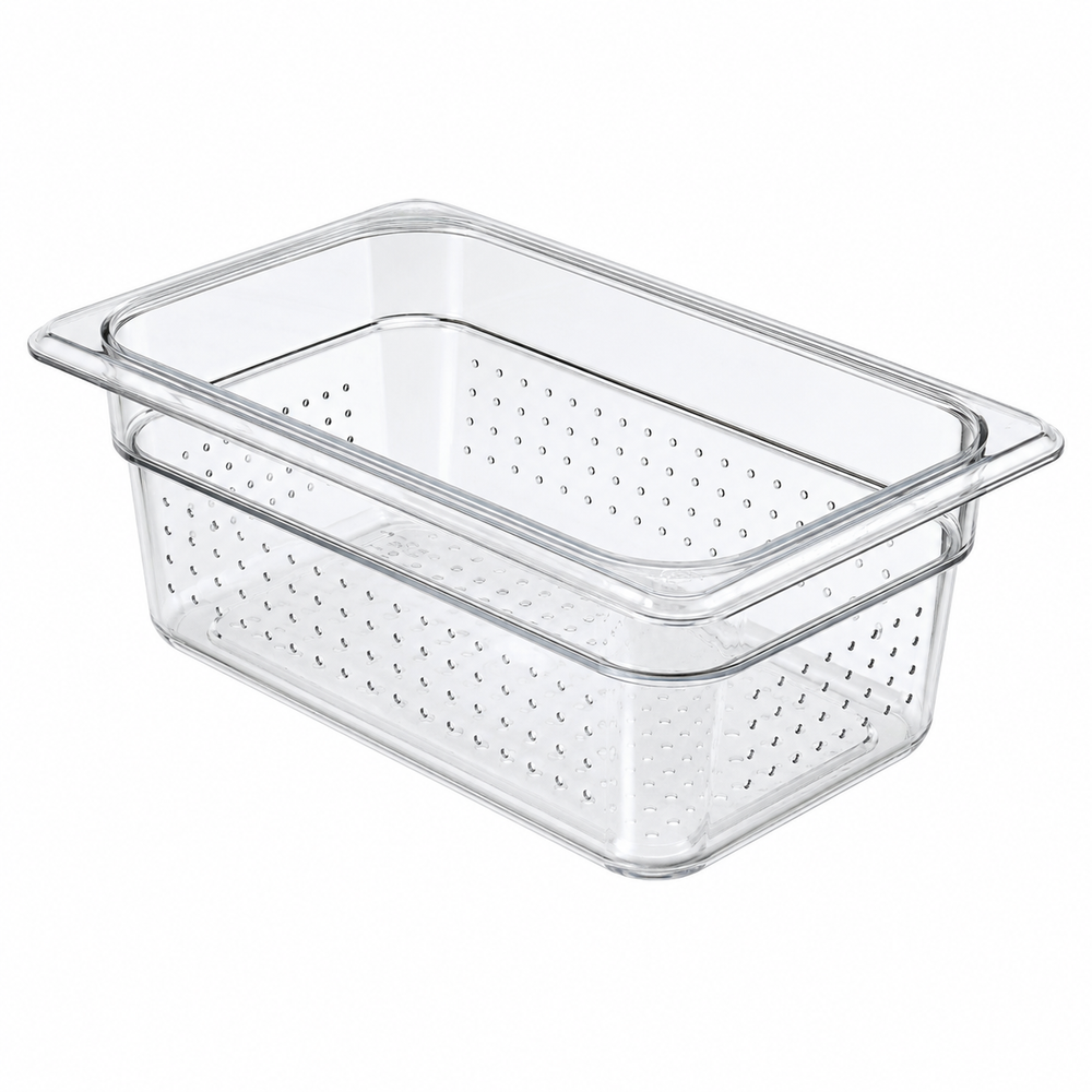 Food pan, polycarbonate, 6.9375 x 10.075 x 3 in, transparent, perforated | SKU: PAN-SW-331353