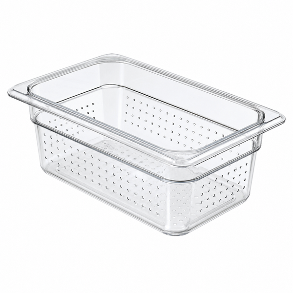 Food pan, polycarbonate, 6.9375 x 10.075 x 3 in, transparent, perforated | SKU: PAN-SW-331353