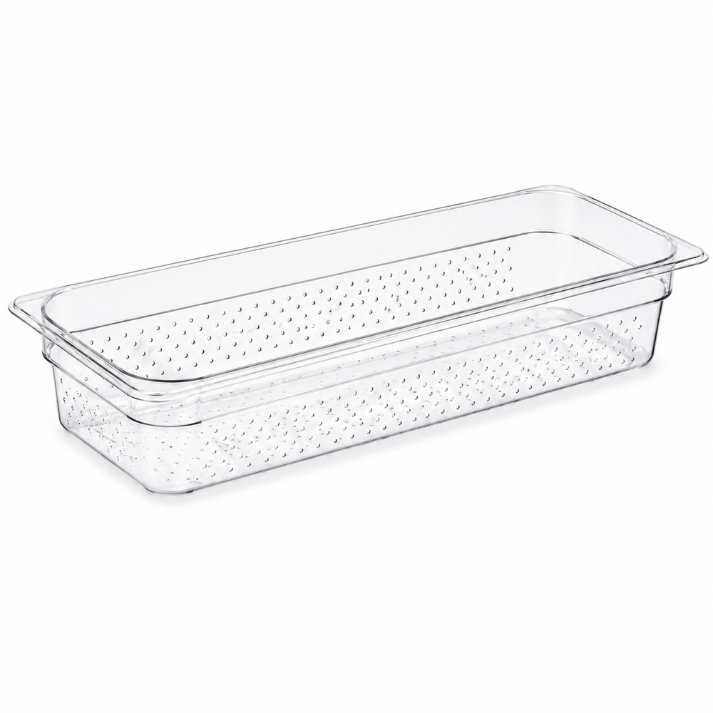 Food pan, polycarbonate, 6.375 x 20.875 x 4 in, transparent, 1/2 size long, drain | SKU: PAN-SW-PC62004-DRAIN