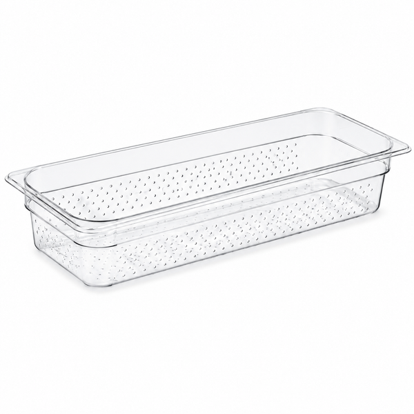 Food pan, polycarbonate, 6.375 x 20.875 x 4 in, transparent, 1/2 size long, drain | SKU: PAN-SW-PC62004-DRAIN