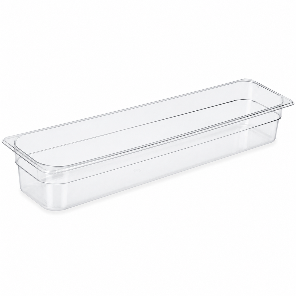 Food pan, 1/2 size long, polycarbonate, clear, 6-3/8 x 20-7/8 x 4 in deep, with drain | SKU: PAN-SW-621002