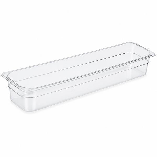 Food pan, 1/2 size long, polycarbonate, clear, 6-3/8 x 20-7/8 x 4 in deep, with drain | SKU: PAN-SW-621002